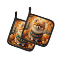 Pomeranian Fall Pot Holder Set of 2 Heat Resistant Quilted Hot Pads 7.5 x 7.5 Inch, Insulated Kitchen Trivets for Cooking & Baking
