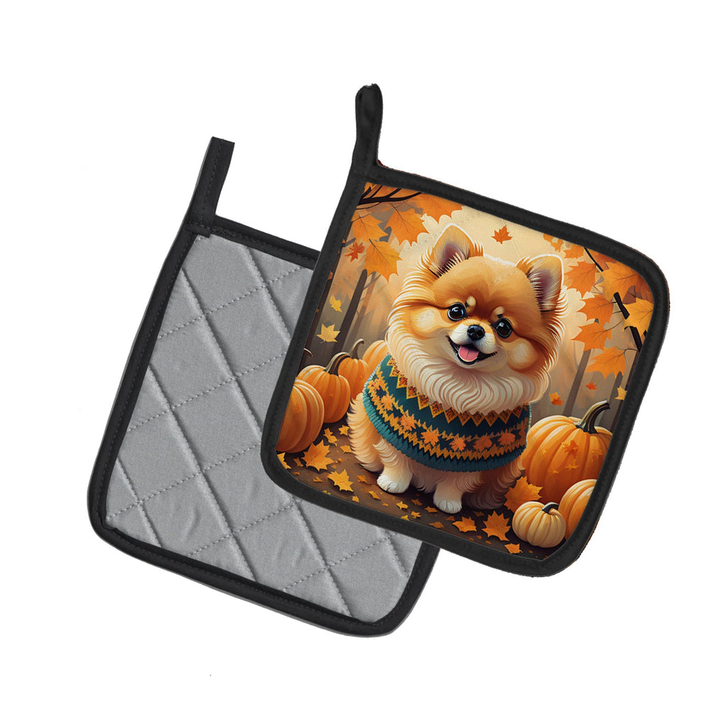 Pomeranian Fall Pot Holder Set of 2 Heat Resistant Quilted Hot Pads 7.5 x 7.5 Inch, Insulated Kitchen Trivets for Cooking & Baking