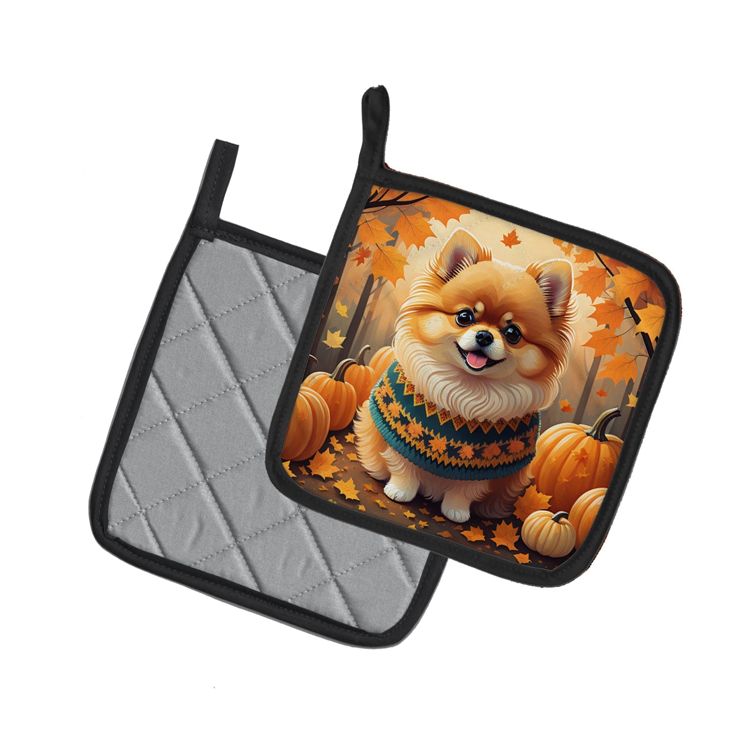 Pomeranian Fall Pot Holder Set of 2 Heat Resistant Quilted Hot Pads 7.5 x 7.5 Inch, Insulated Kitchen Trivets for Cooking & Baking