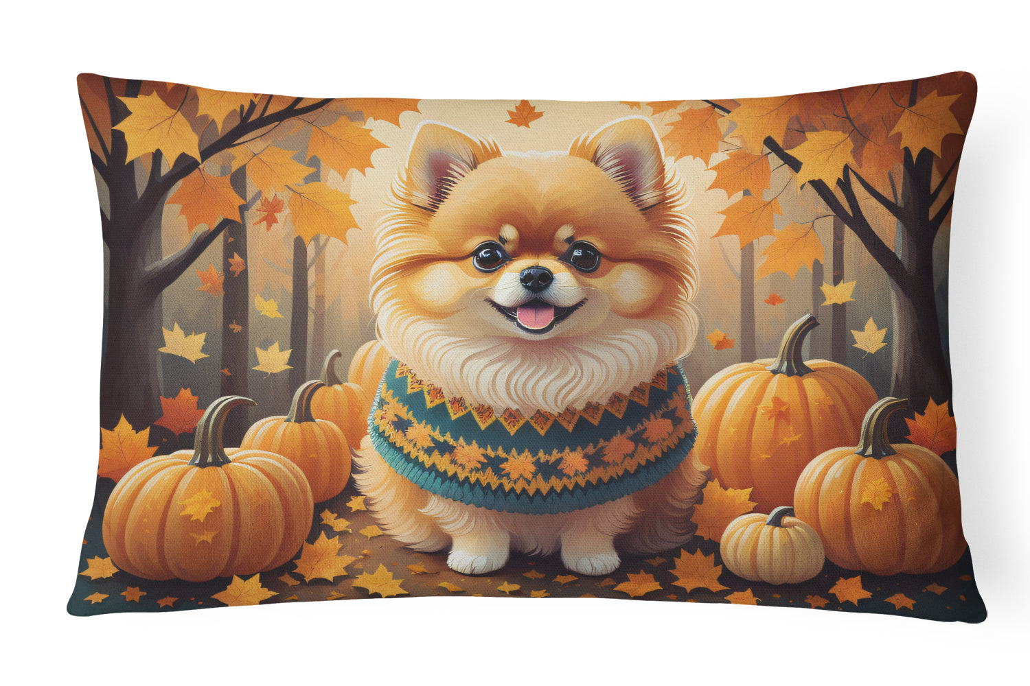 Pomeranian Fall Decorative Throw Pillow 12x16 Indoor Outdoor Accent Cushion, Fabric Cover with Insert for Sofa, Bed, Porch & Living Room