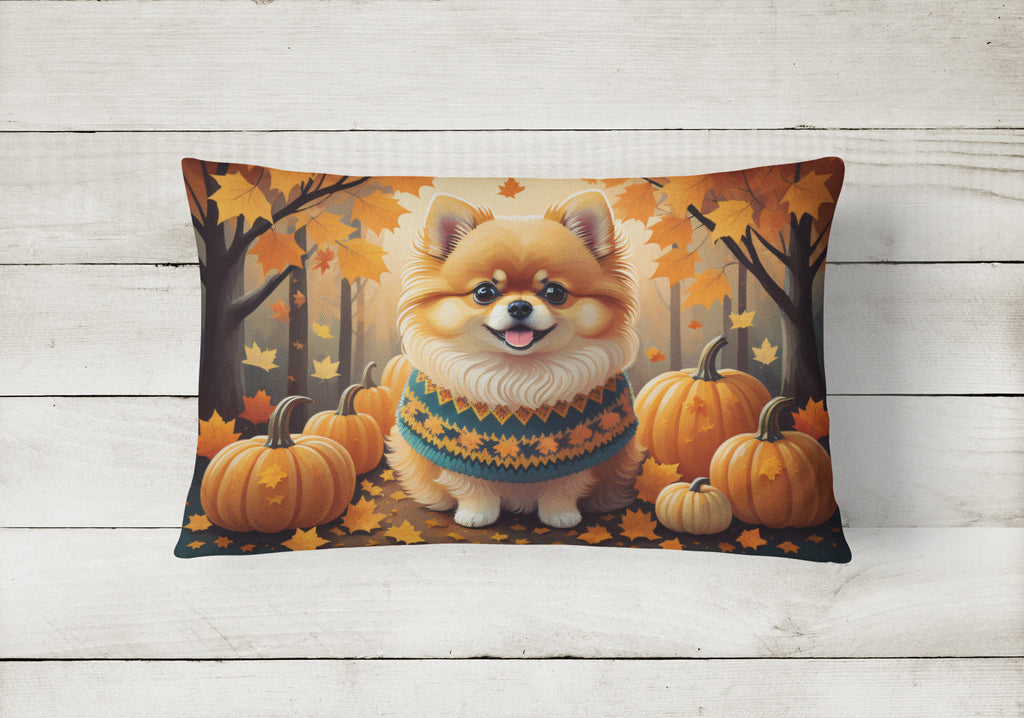 Pomeranian Fall Decorative Throw Pillow 12x16 Indoor Outdoor Accent Cushion, Fabric Cover with Insert for Sofa, Bed, Porch & Living Room
