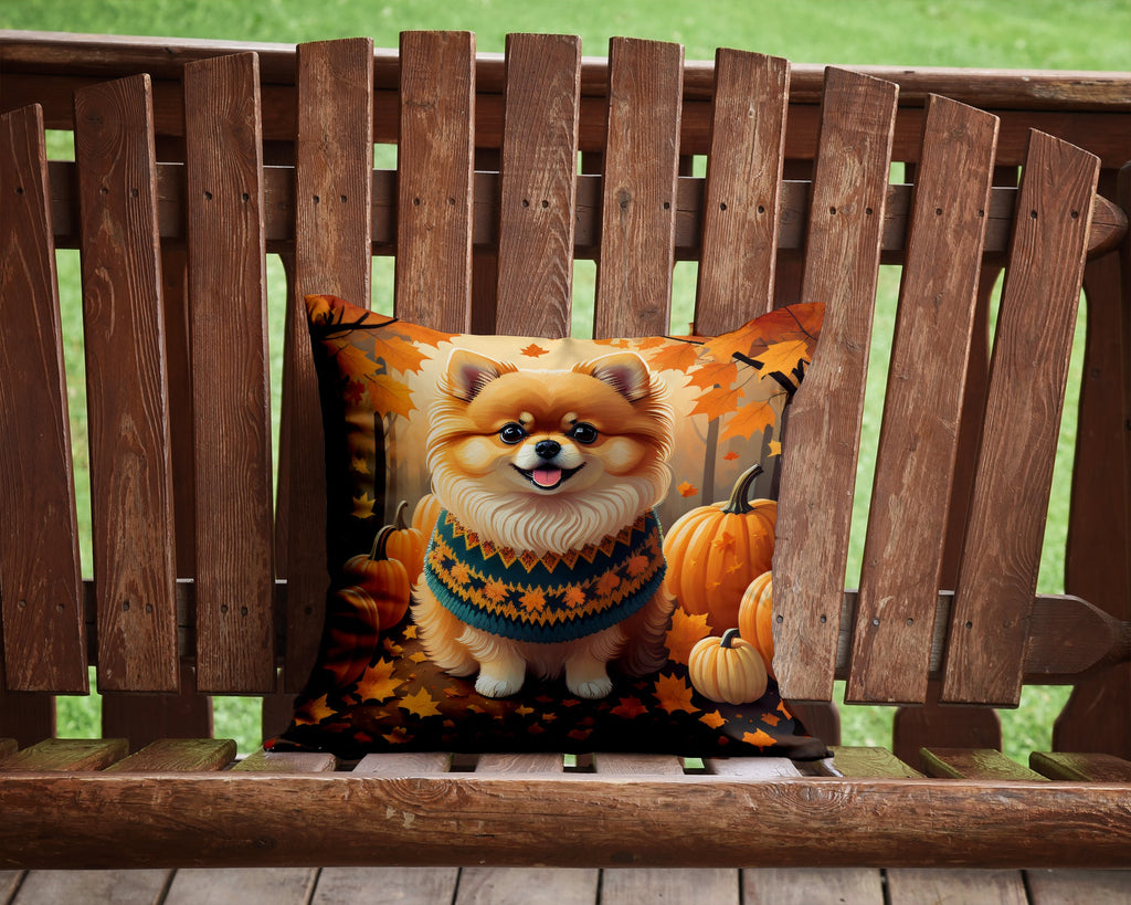 Pomeranian Fall Decorative Throw Pillow 14x14 Indoor Outdoor Accent Cushion, Fabric Cover with Insert for Sofa, Bed, Porch & Living Room