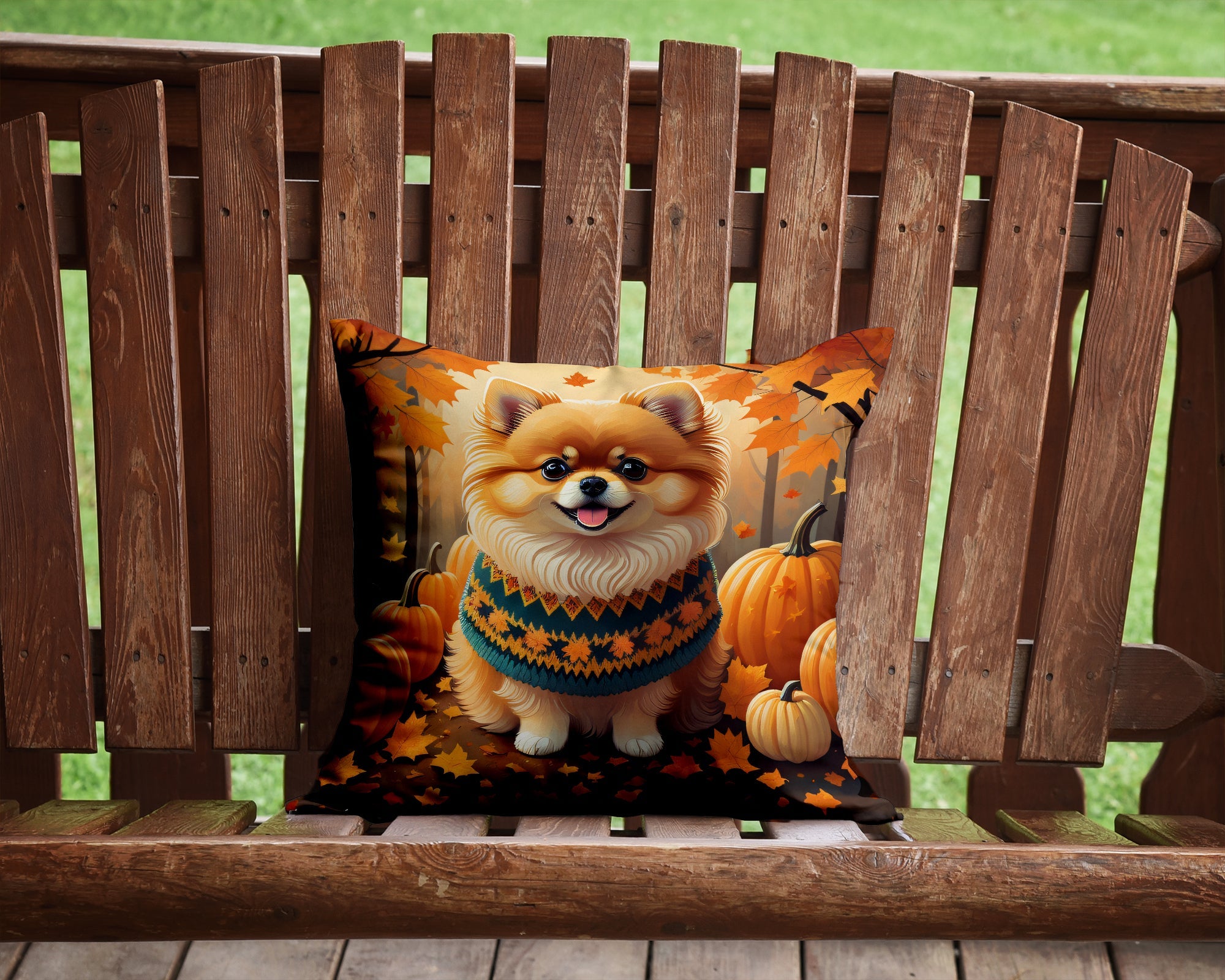 Pomeranian Fall Decorative Throw Pillow 14x14 Indoor Outdoor Accent Cushion, Fabric Cover with Insert for Sofa, Bed, Porch & Living Room