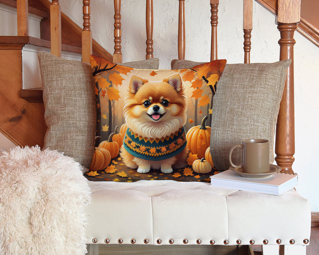 Pomeranian Fall Decorative Throw Pillow 14x14 Indoor Outdoor Accent Cushion, Fabric Cover with Insert for Sofa, Bed, Porch & Living Room