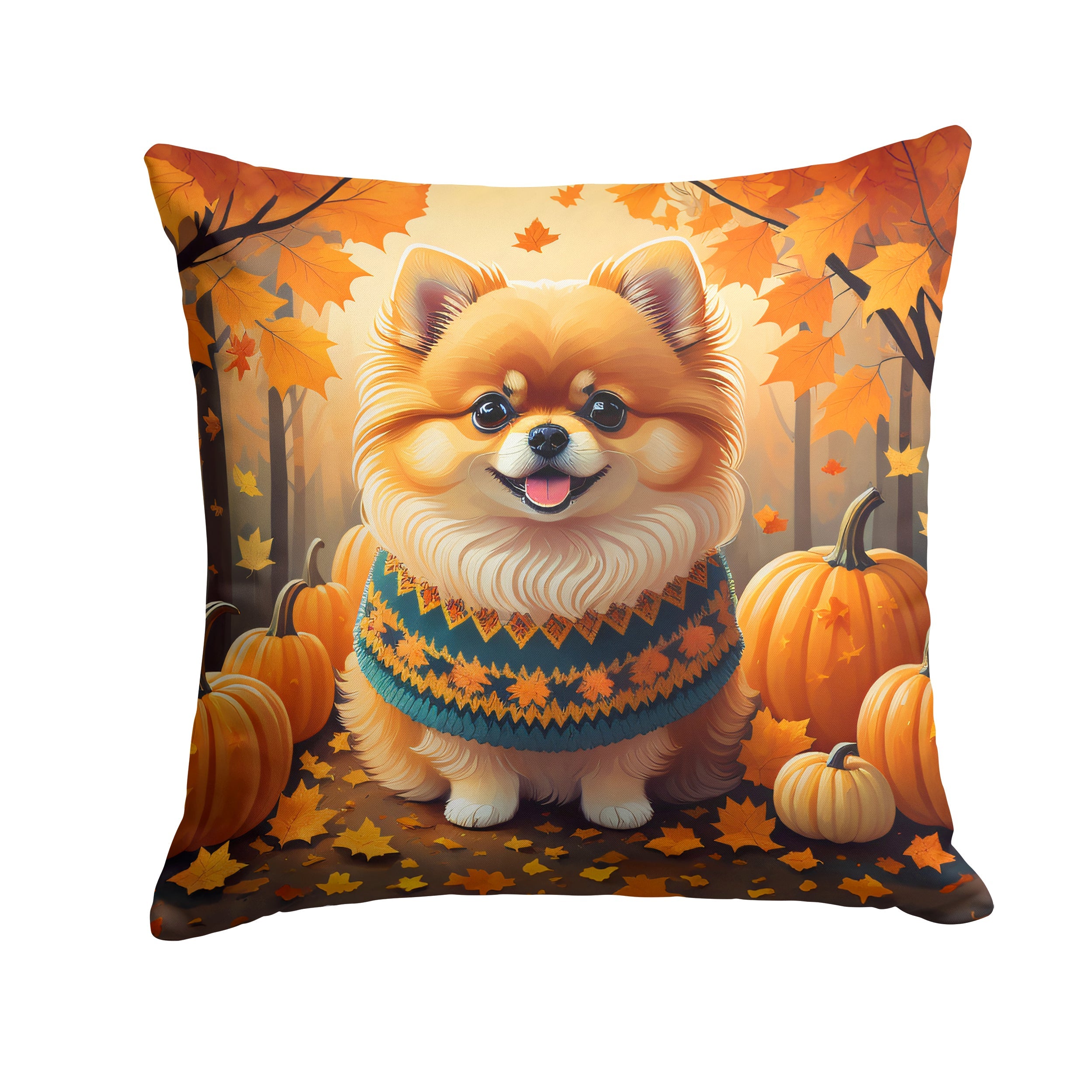 Pomeranian Fall Decorative Throw Pillow 18x18 Indoor Outdoor Accent Cushion, Fabric Cover with Insert for Sofa, Bed, Porch & Living Room