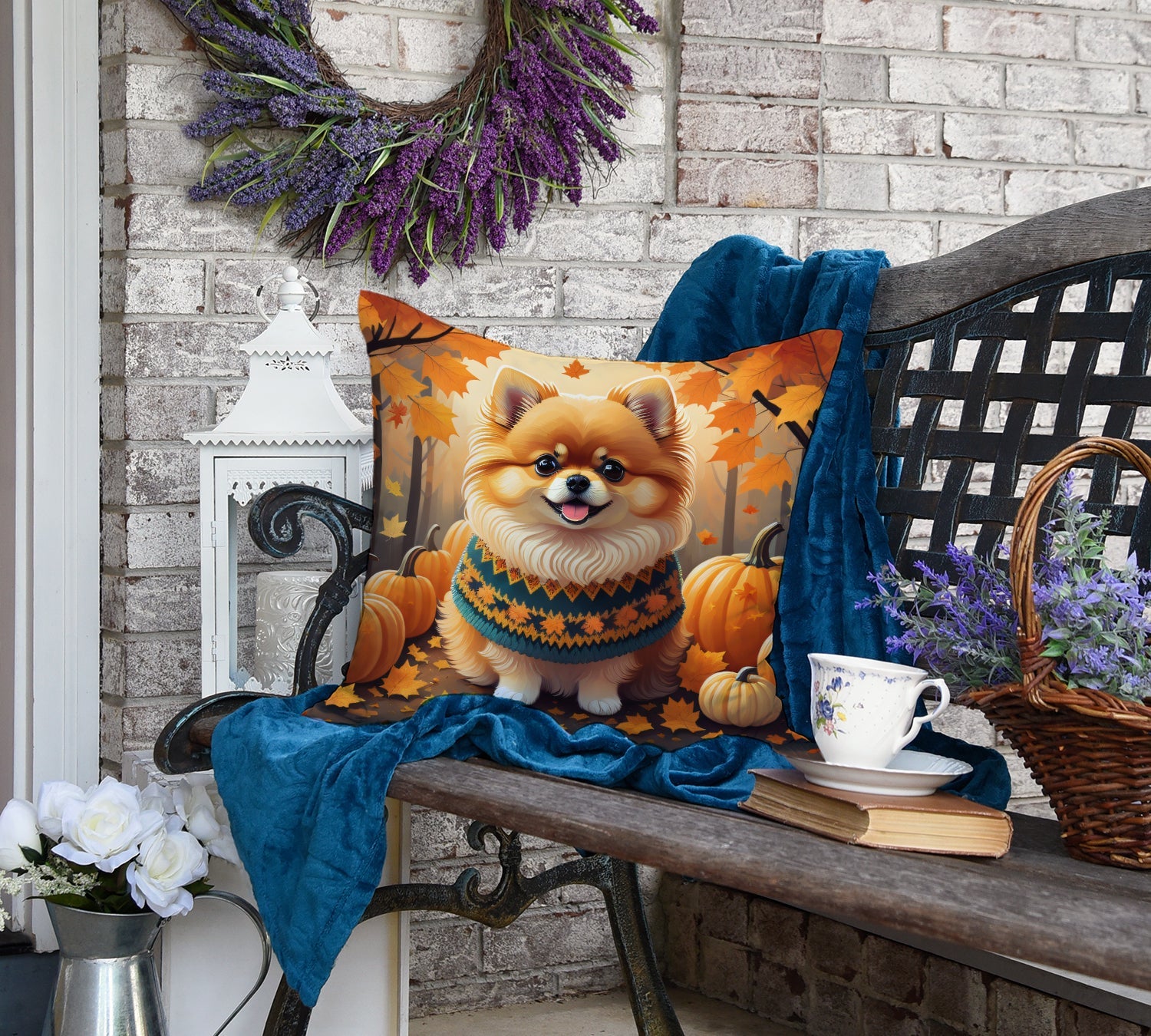 Pomeranian Fall Decorative Throw Pillow 18x18 Indoor Outdoor Accent Cushion, Fabric Cover with Insert for Sofa, Bed, Porch & Living Room