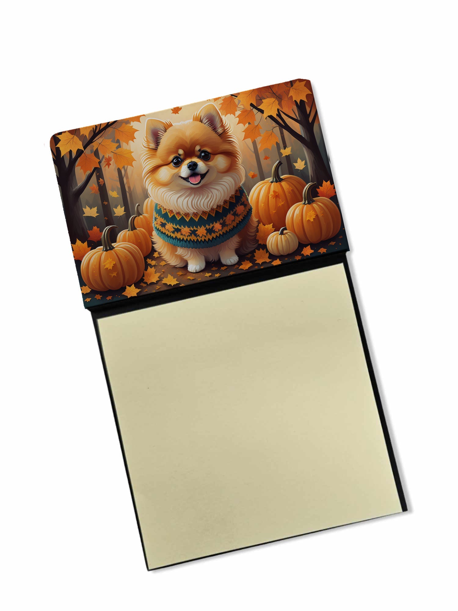 Pomeranian Fall Watercolor Sticky Note Holder Refillable Dispenser Desk Accessory 3x3 Pad Gift