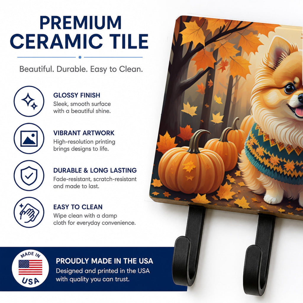 Pomeranian Fall Leash or Key Holder Wall Hooks, Coat Rack Wall Mount, for Hanging Keys, Towels, Aprons, Leashes