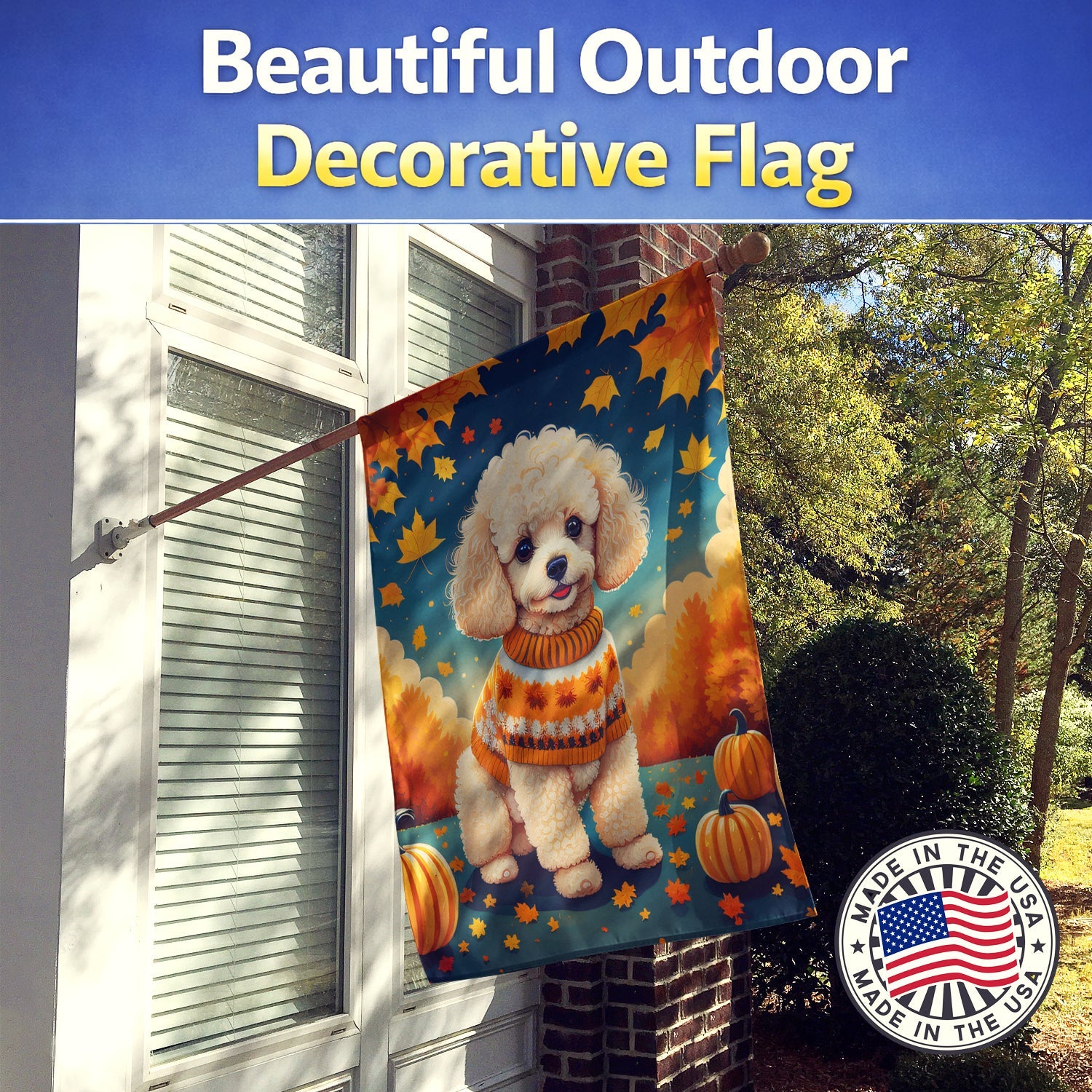 Poodle Fall House Flag 28x40 Porch Sleeve Pole Decorative Outside Yard Banner Artwork Wall Hanging, Polyester