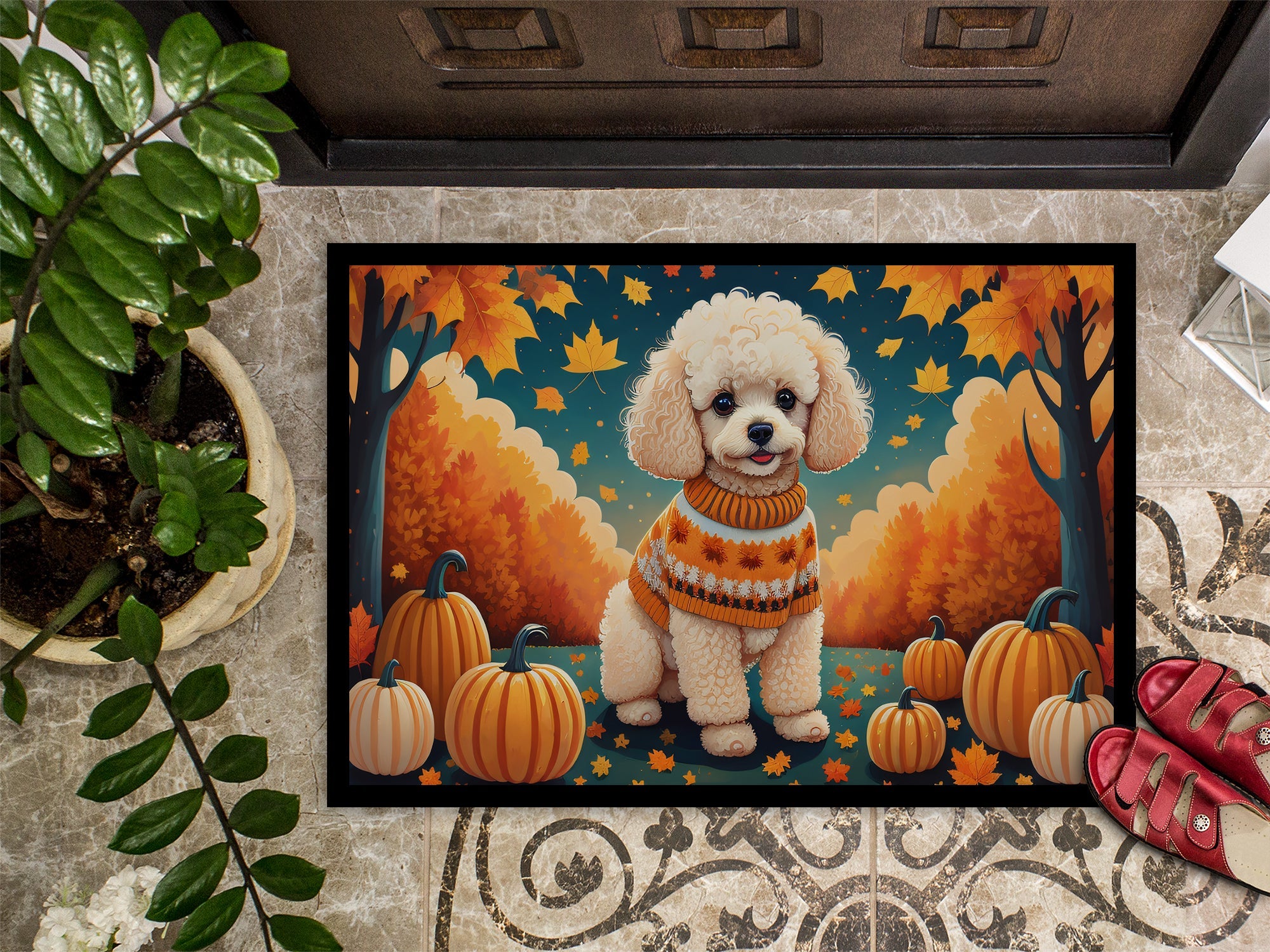Poodle Fall Doormat Indoor Outdoor 24H X 36W Front Door Mat Rugs for Entryway, Non Slip Washable Low Pile,