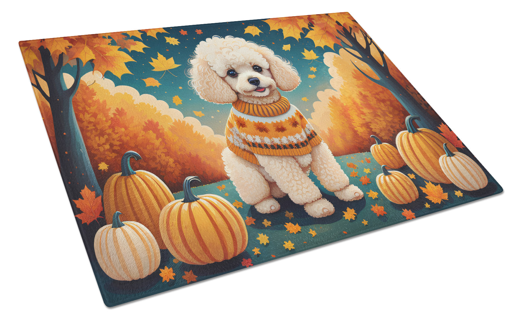 Poodle Fall Cutting Board Tempered Glass Kitchen Cutting Surface, Heat Resistant Chopping, Non-Slip Feet, Food Prep & Serving