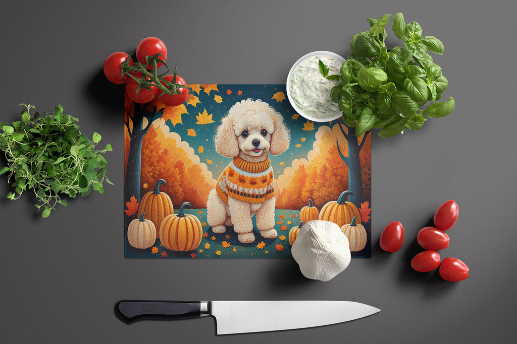 Poodle Fall Cutting Board Tempered Glass Kitchen Cutting Surface, Heat Resistant Chopping, Non-Slip Feet, Food Prep & Serving