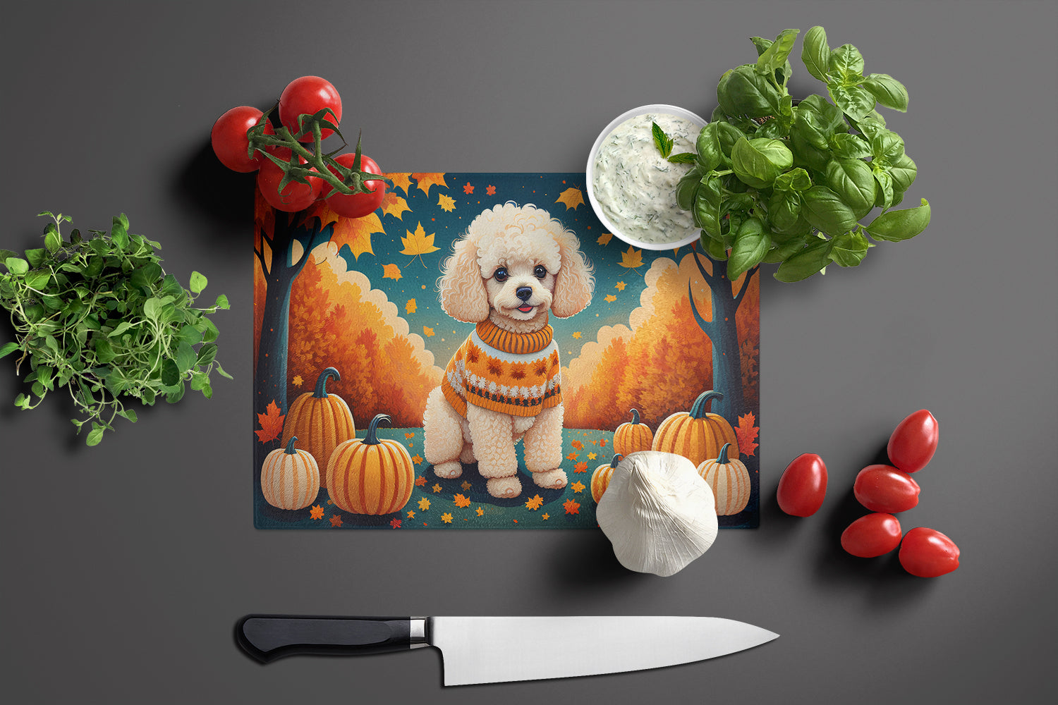 Poodle Fall Cutting Board Tempered Glass Kitchen Cutting Surface, Heat Resistant Chopping, Non-Slip Feet, Food Prep & Serving