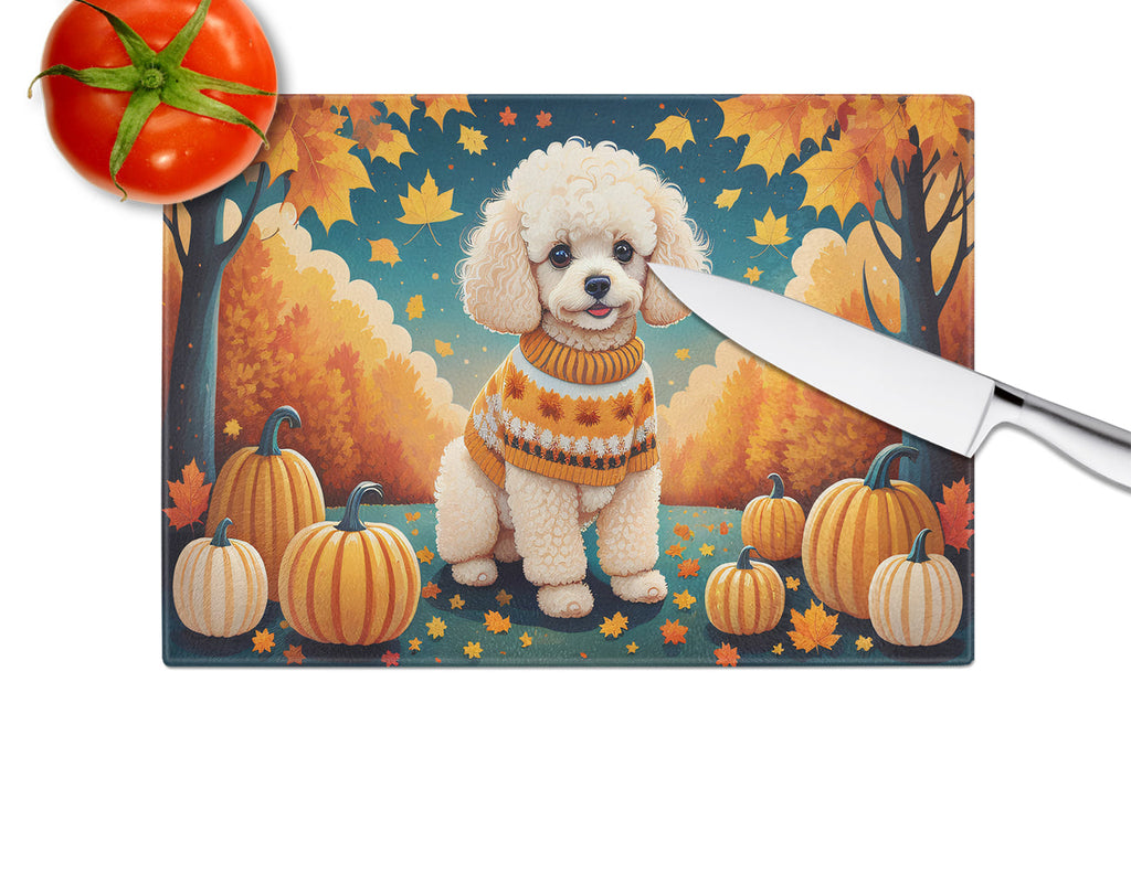 Poodle Fall Cutting Board Tempered Glass Kitchen Cutting Surface, Heat Resistant Chopping, Non-Slip Feet, Food Prep & Serving