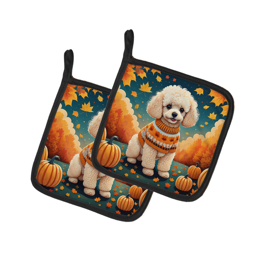 Poodle Fall Pot Holder Set of 2 Heat Resistant Quilted Hot Pads 7.5 x 7.5 Inch, Insulated Kitchen Trivets for Cooking & Baking