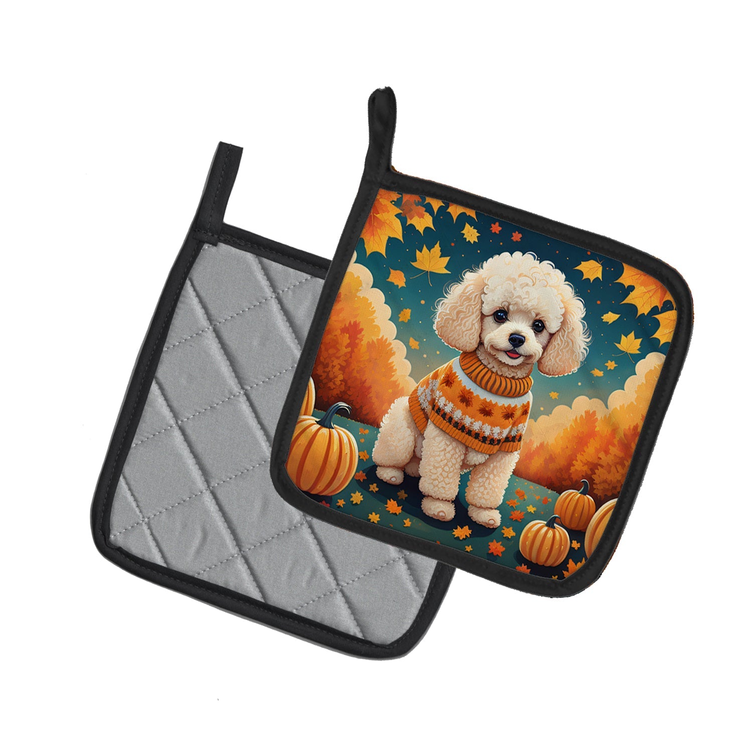 Poodle Fall Pot Holder Set of 2 Heat Resistant Quilted Hot Pads 7.5 x 7.5 Inch, Insulated Kitchen Trivets for Cooking & Baking