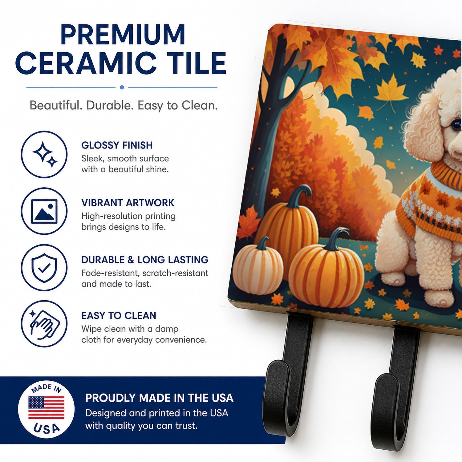Poodle Fall Leash or Key Holder Wall Hooks, Coat Rack Wall Mount, for Hanging Keys, Towels, Aprons, Leashes