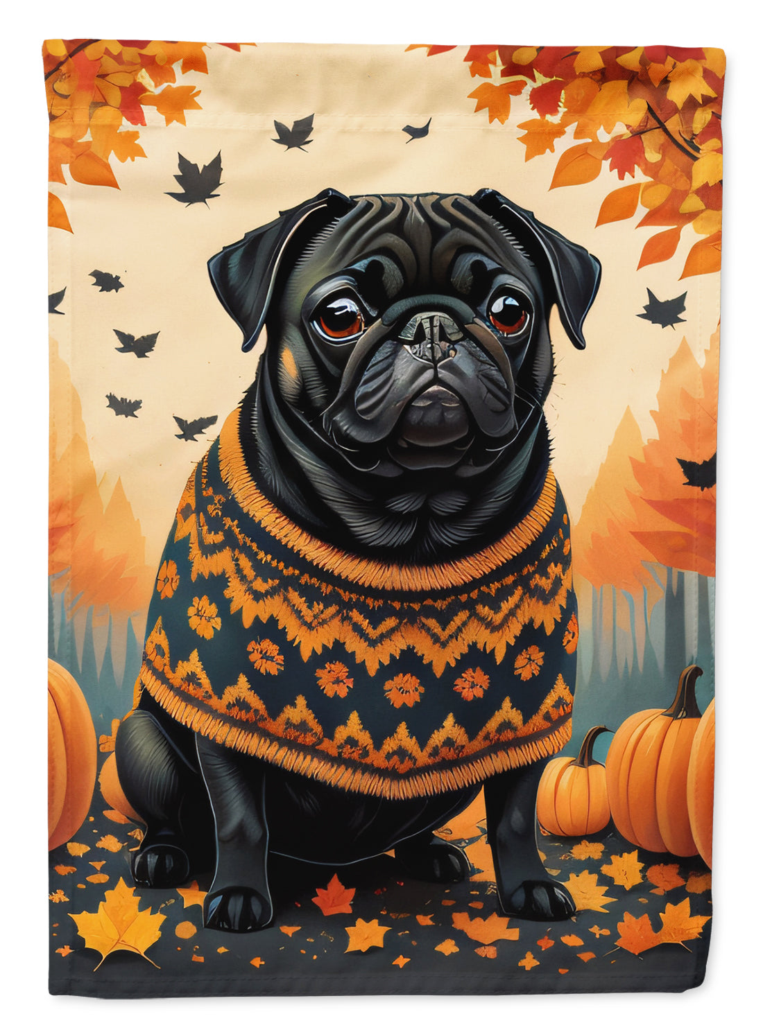 Black Pug Fall House Flag 28x40 Porch Sleeve Pole Decorative Outside Yard Banner Artwork Wall Hanging, Polyester