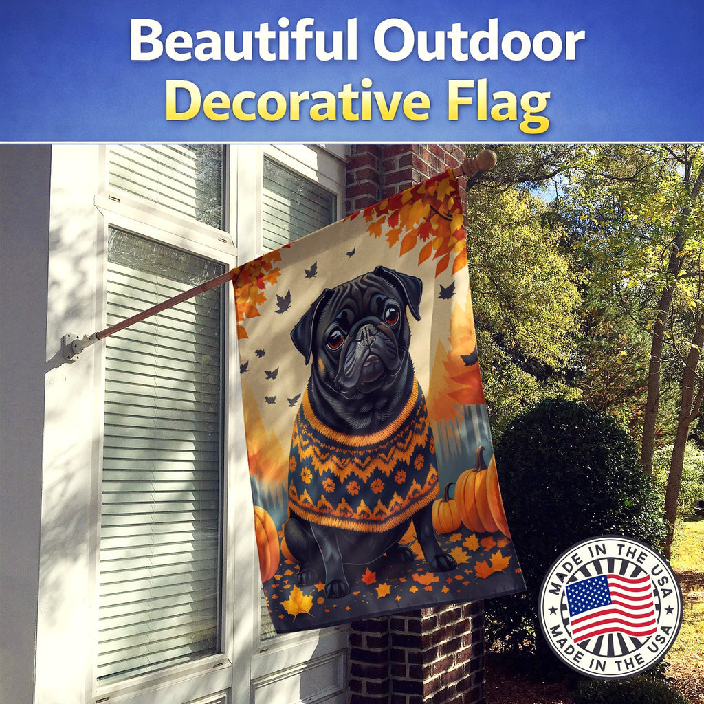 Black Pug Fall House Flag 28x40 Porch Sleeve Pole Decorative Outside Yard Banner Artwork Wall Hanging, Polyester