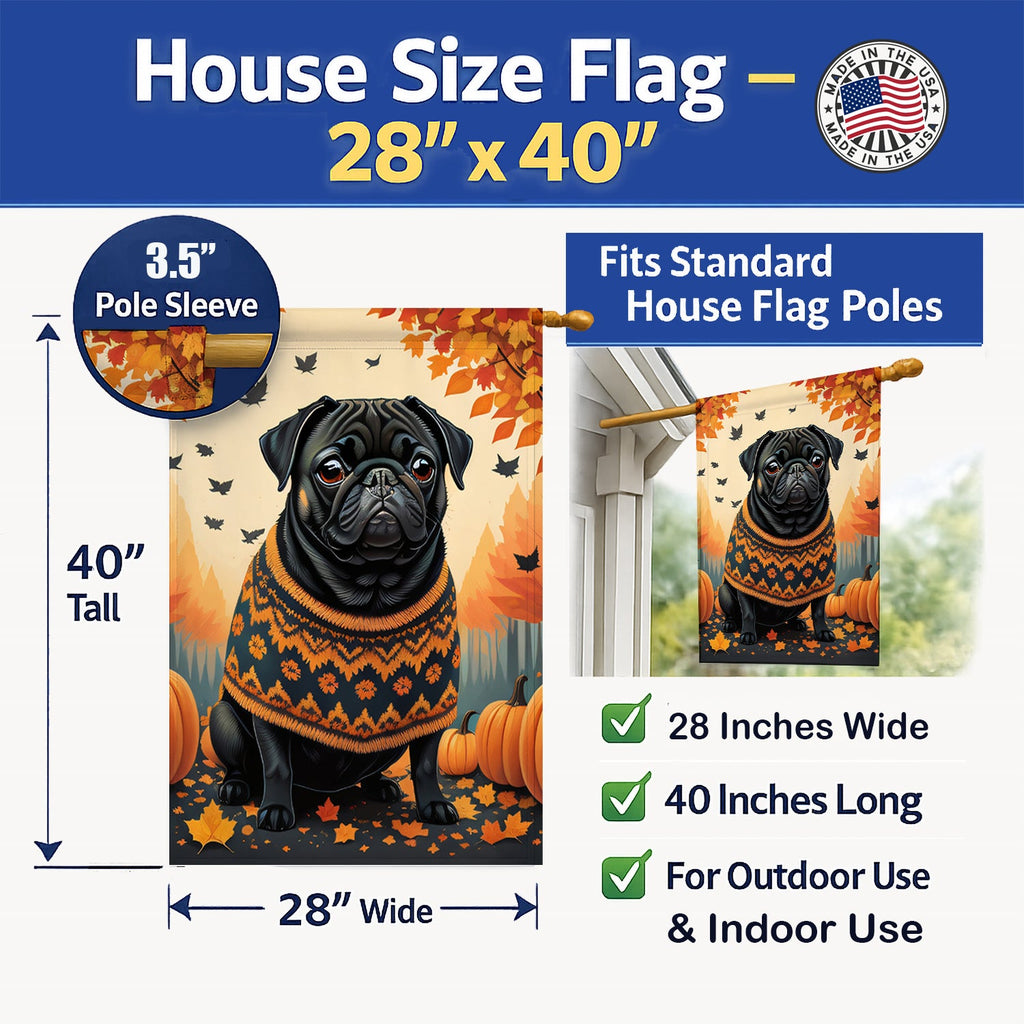 Black Pug Fall House Flag 28x40 Porch Sleeve Pole Decorative Outside Yard Banner Artwork Wall Hanging, Polyester