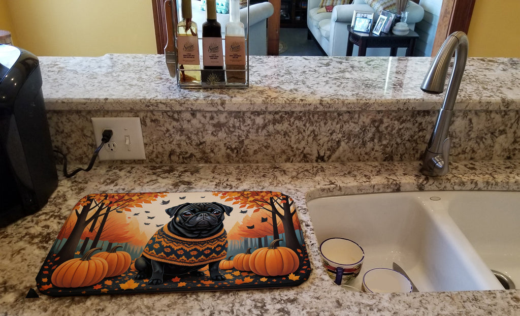 Black Pug Fall Dish Drying Mat Absorbent Dish Drying Mat Pad for Kitchen Counter Dish Drainer Mat for Countertop, 14 x 21", Multicolor