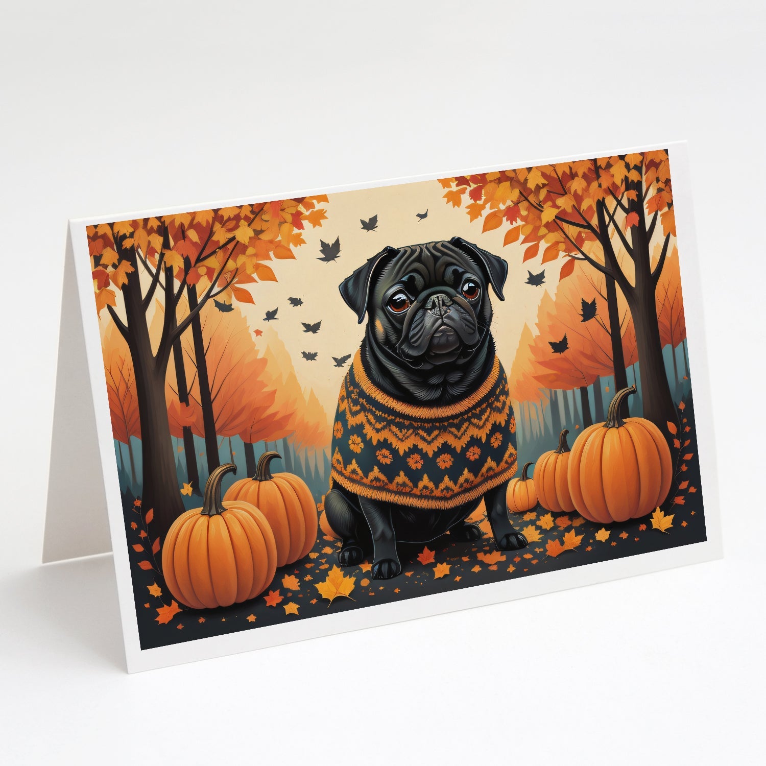 Black Pug Fall Greeting Cards Pack of 8 Blank Cards with Envelopes Whimsical A7 Size 5x7