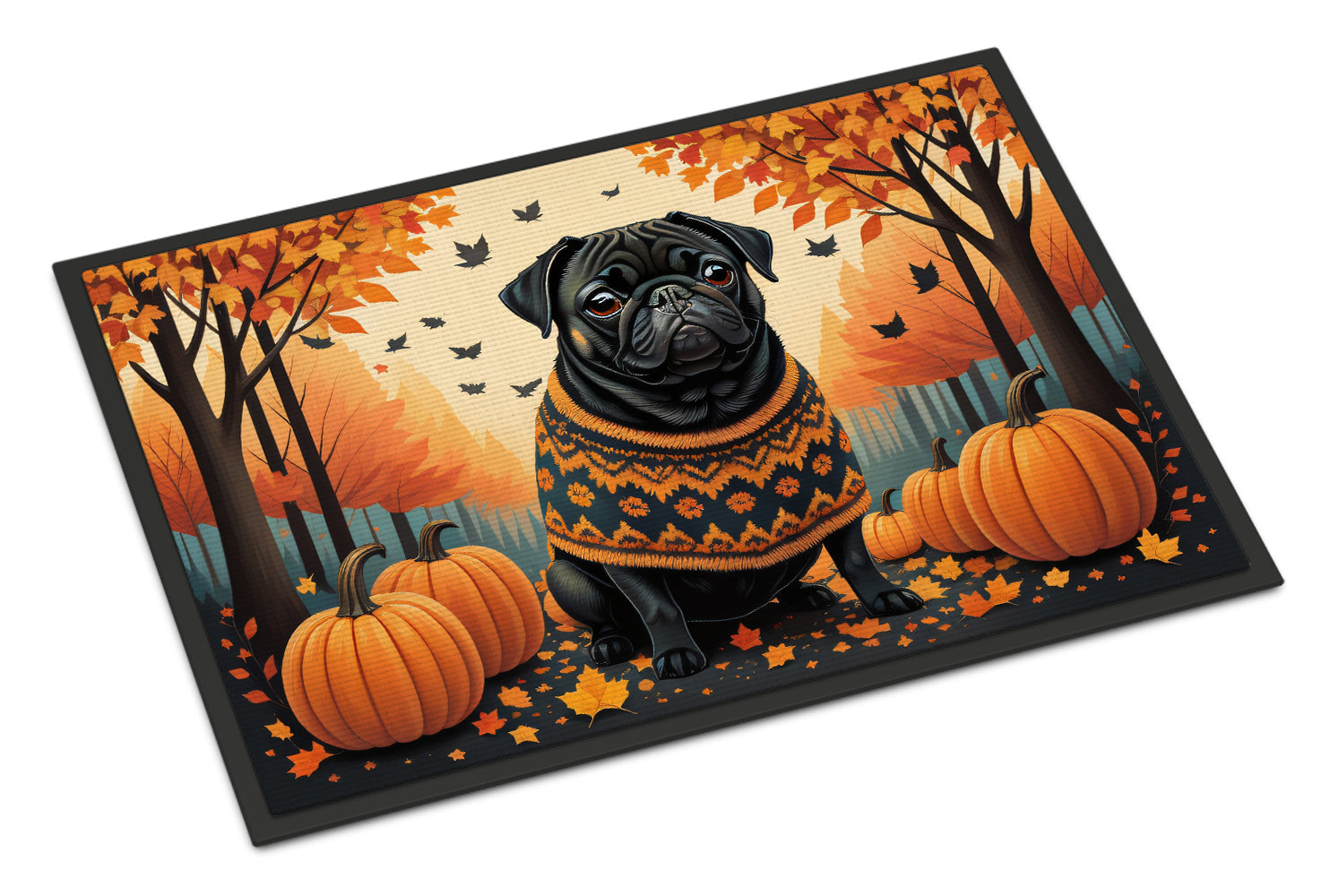 Black Pug Fall Doormat Indoor Outdoor 24H X 36W Front Door Mat Rugs for Entryway, Non Slip Washable Low Pile,