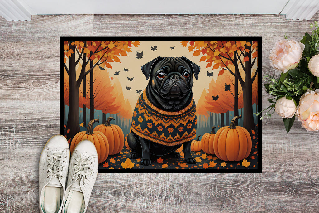 Black Pug Fall Doormat Indoor Outdoor 24H X 36W Front Door Mat Rugs for Entryway, Non Slip Washable Low Pile,