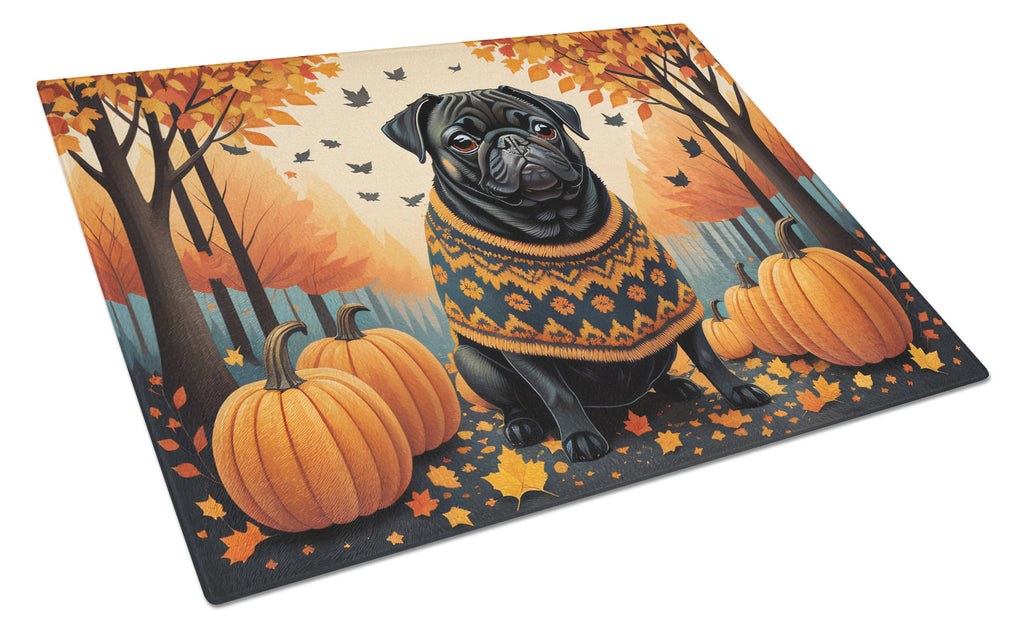 Black Pug Fall Cutting Board Tempered Glass Kitchen Cutting Surface, Heat Resistant Chopping, Non-Slip Feet, Food Prep & Serving