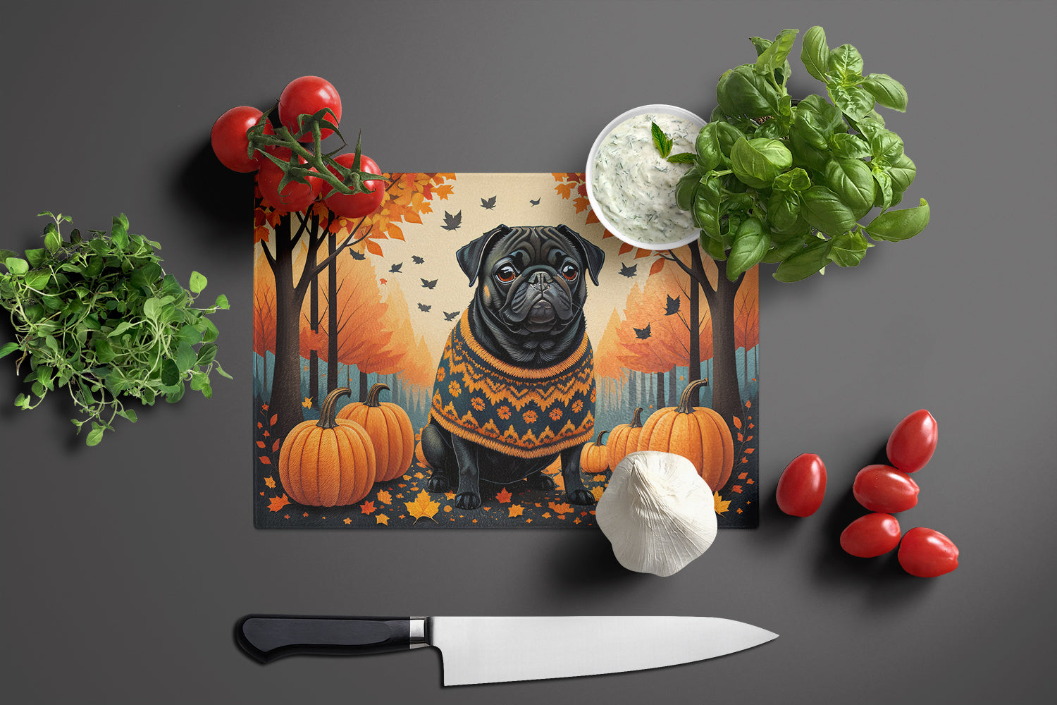 Black Pug Fall Cutting Board Tempered Glass Kitchen Cutting Surface, Heat Resistant Chopping, Non-Slip Feet, Food Prep & Serving