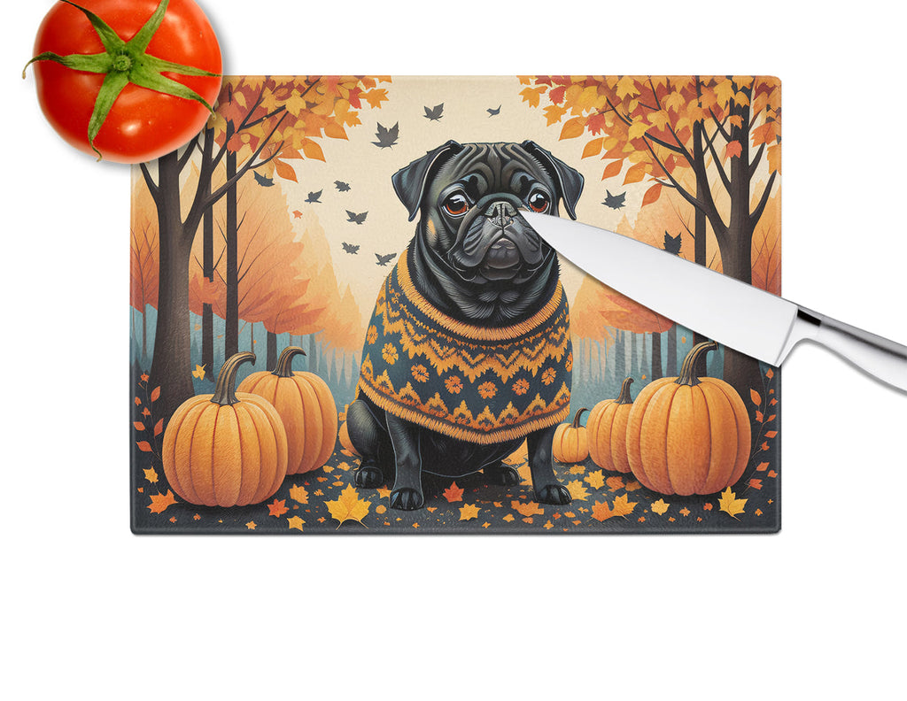 Black Pug Fall Cutting Board Tempered Glass Kitchen Cutting Surface, Heat Resistant Chopping, Non-Slip Feet, Food Prep & Serving