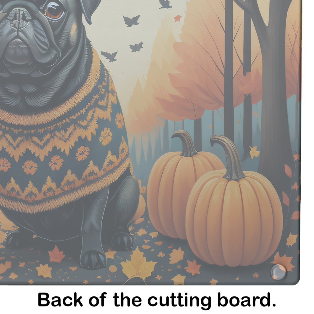 Black Pug Fall Cutting Board Tempered Glass Kitchen Cutting Surface, Heat Resistant Chopping, Non-Slip Feet, Food Prep & Serving