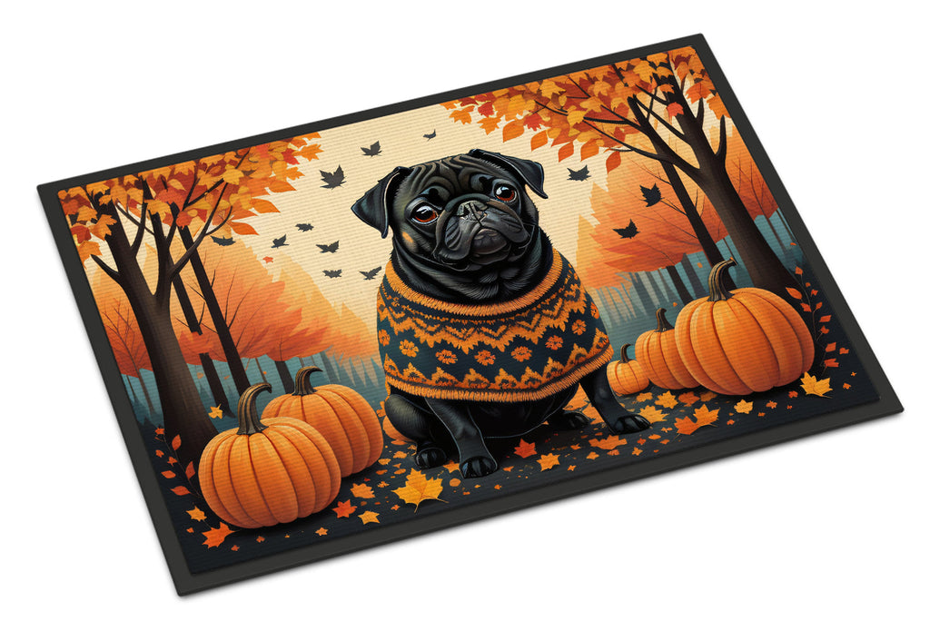 Black Pug Fall Doormat Indoor Outdoor 18H X 27W Front Door Mat Rugs for Entryway, Non Slip Washable