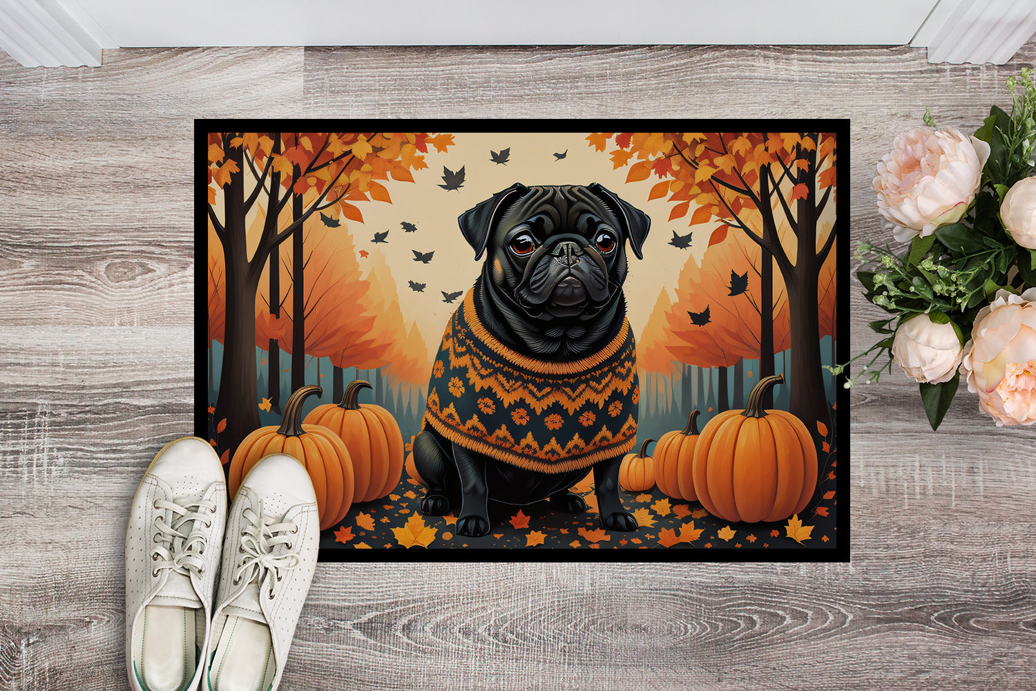 Black Pug Fall Doormat Indoor Outdoor 18H X 27W Front Door Mat Rugs for Entryway, Non Slip Washable