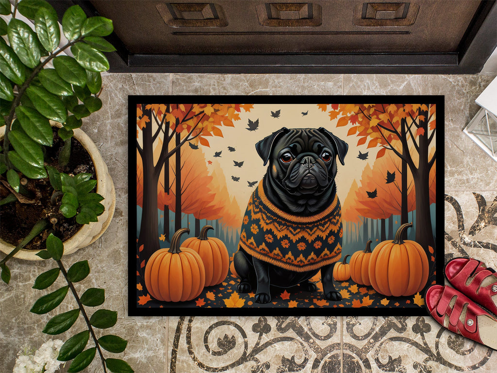 Black Pug Fall Doormat Indoor Outdoor 18H X 27W Front Door Mat Rugs for Entryway, Non Slip Washable