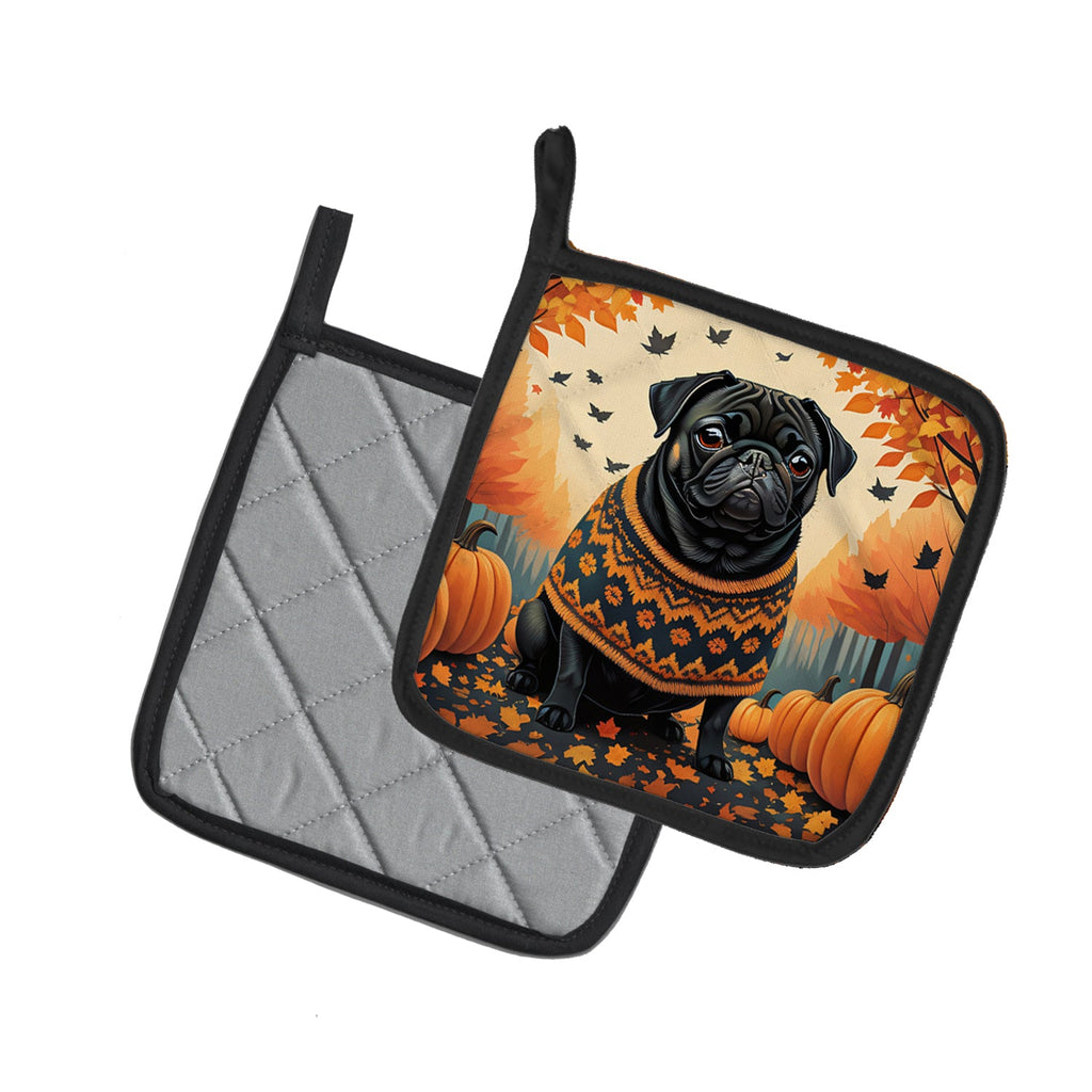 Black Pug Fall Pot Holder Set of 2 Heat Resistant Quilted Hot Pads 7.5 x 7.5 Inch, Insulated Kitchen Trivets for Cooking & Baking