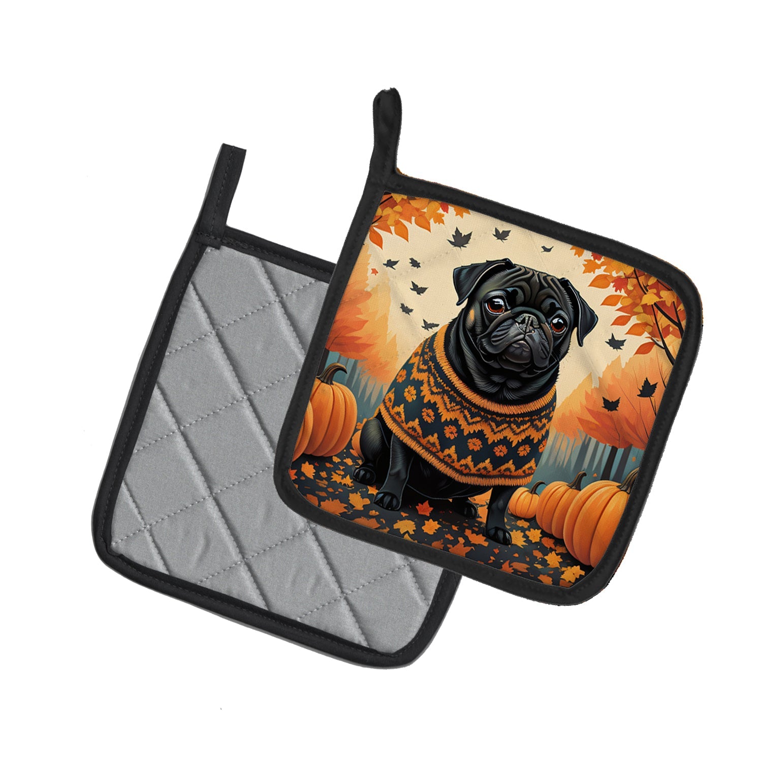 Black Pug Fall Pot Holder Set of 2 Heat Resistant Quilted Hot Pads 7.5 x 7.5 Inch, Insulated Kitchen Trivets for Cooking & Baking