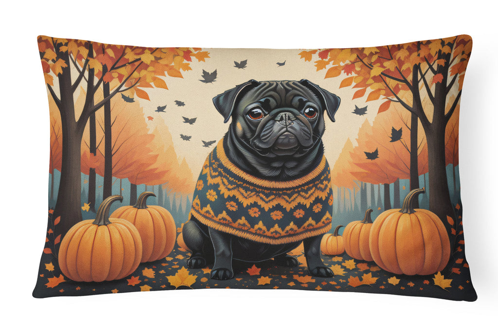Black Pug Fall Decorative Throw Pillow 12x16 Indoor Outdoor Accent Cushion, Fabric Cover with Insert for Sofa, Bed, Porch & Living Room
