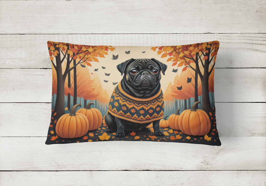 Black Pug Fall Decorative Throw Pillow 12x16 Indoor Outdoor Accent Cushion, Fabric Cover with Insert for Sofa, Bed, Porch & Living Room