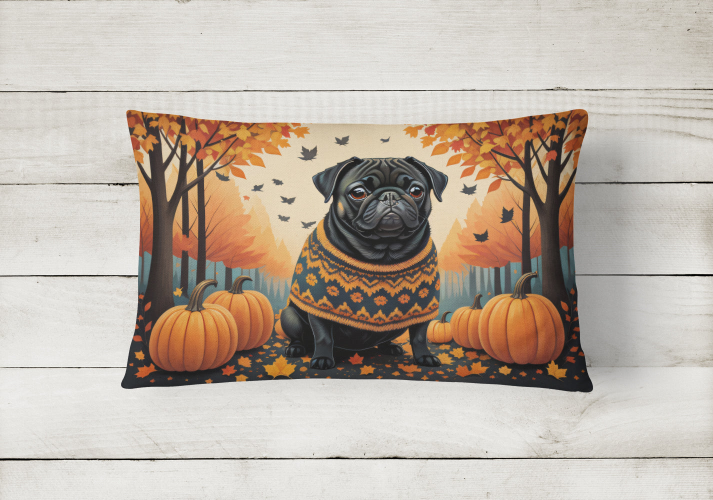Black Pug Fall Decorative Throw Pillow 12x16 Indoor Outdoor Accent Cushion, Fabric Cover with Insert for Sofa, Bed, Porch & Living Room