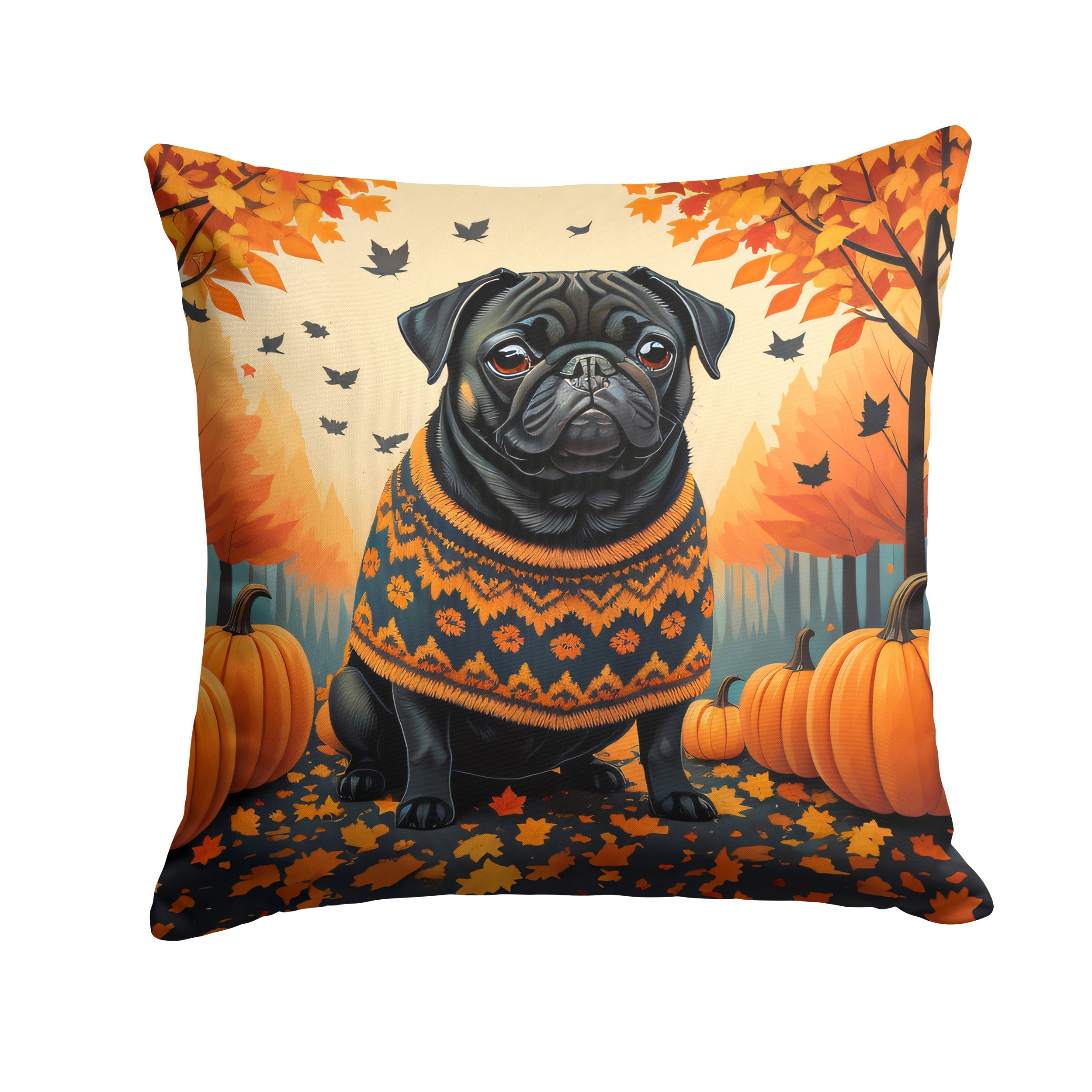 Black Pug Fall Decorative Throw Pillow 14x14 Indoor Outdoor Accent Cushion, Fabric Cover with Insert for Sofa, Bed, Porch & Living Room