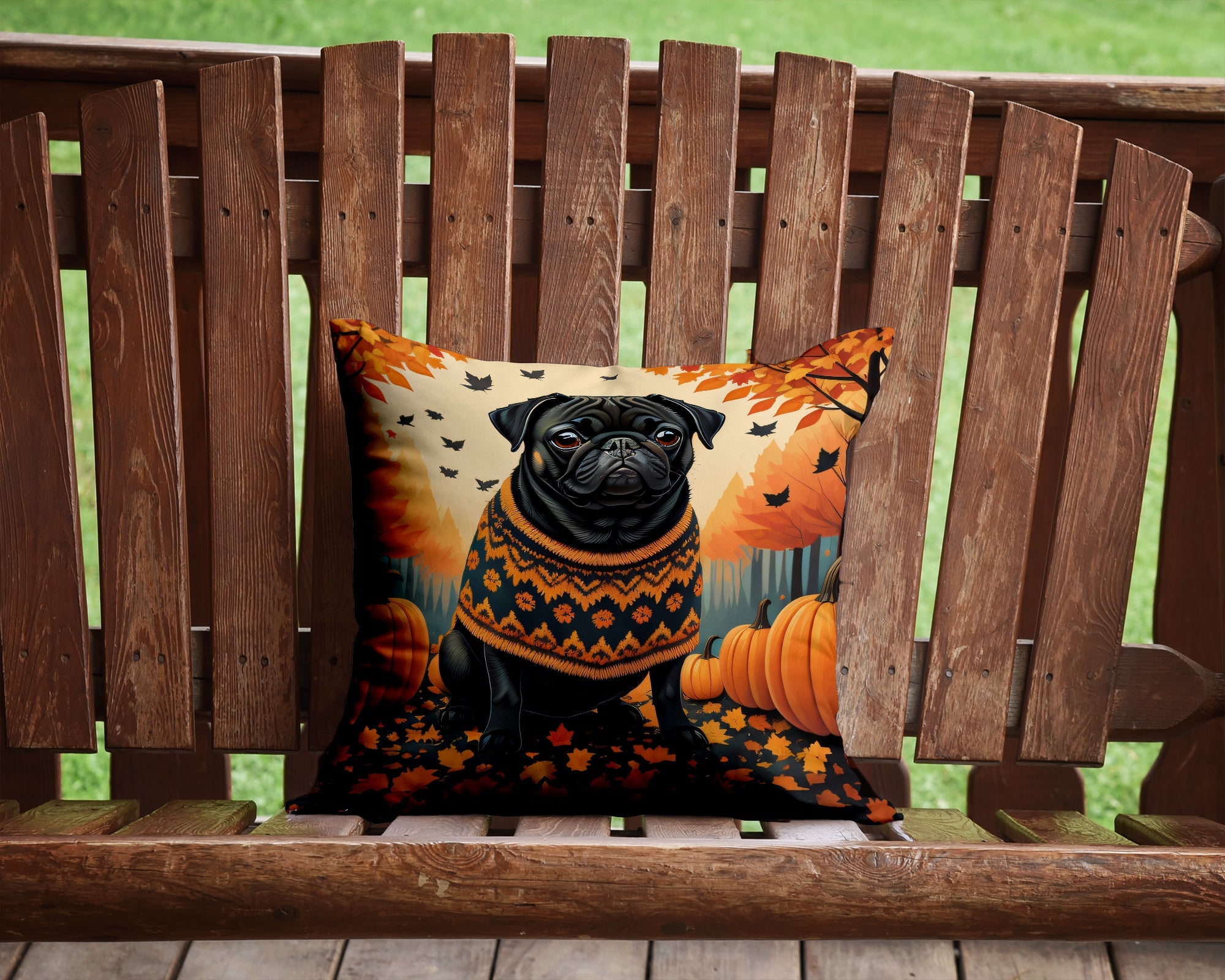 Black Pug Fall Decorative Throw Pillow 14x14 Indoor Outdoor Accent Cushion, Fabric Cover with Insert for Sofa, Bed, Porch & Living Room