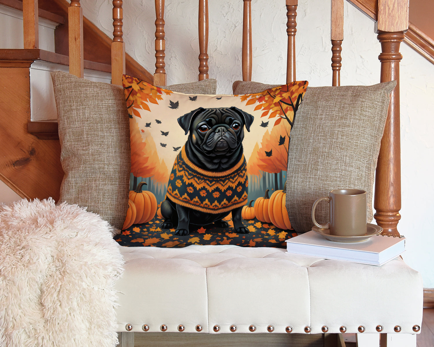 Black Pug Fall Decorative Throw Pillow 14x14 Indoor Outdoor Accent Cushion, Fabric Cover with Insert for Sofa, Bed, Porch & Living Room
