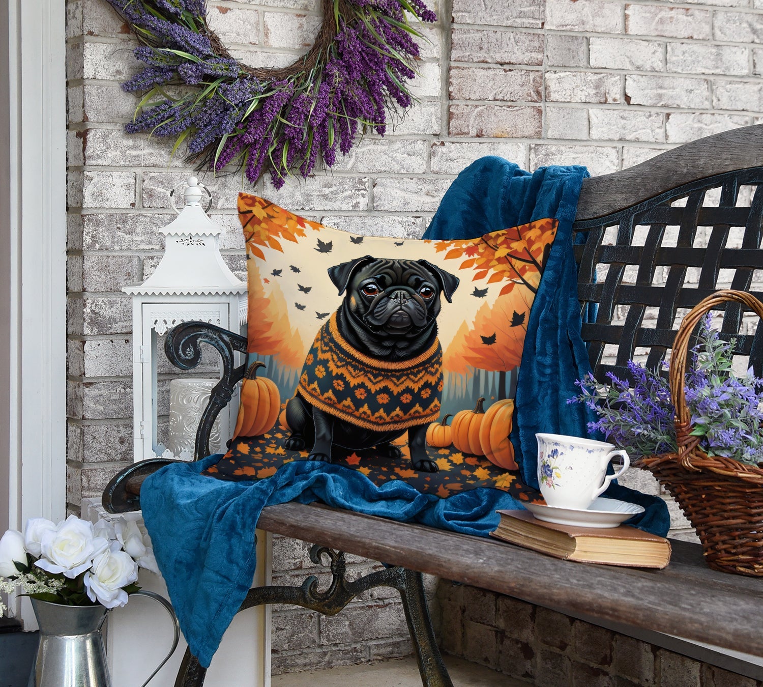 Black Pug Fall Decorative Throw Pillow 18x18 Indoor Outdoor Accent Cushion, Fabric Cover with Insert for Sofa, Bed, Porch & Living Room