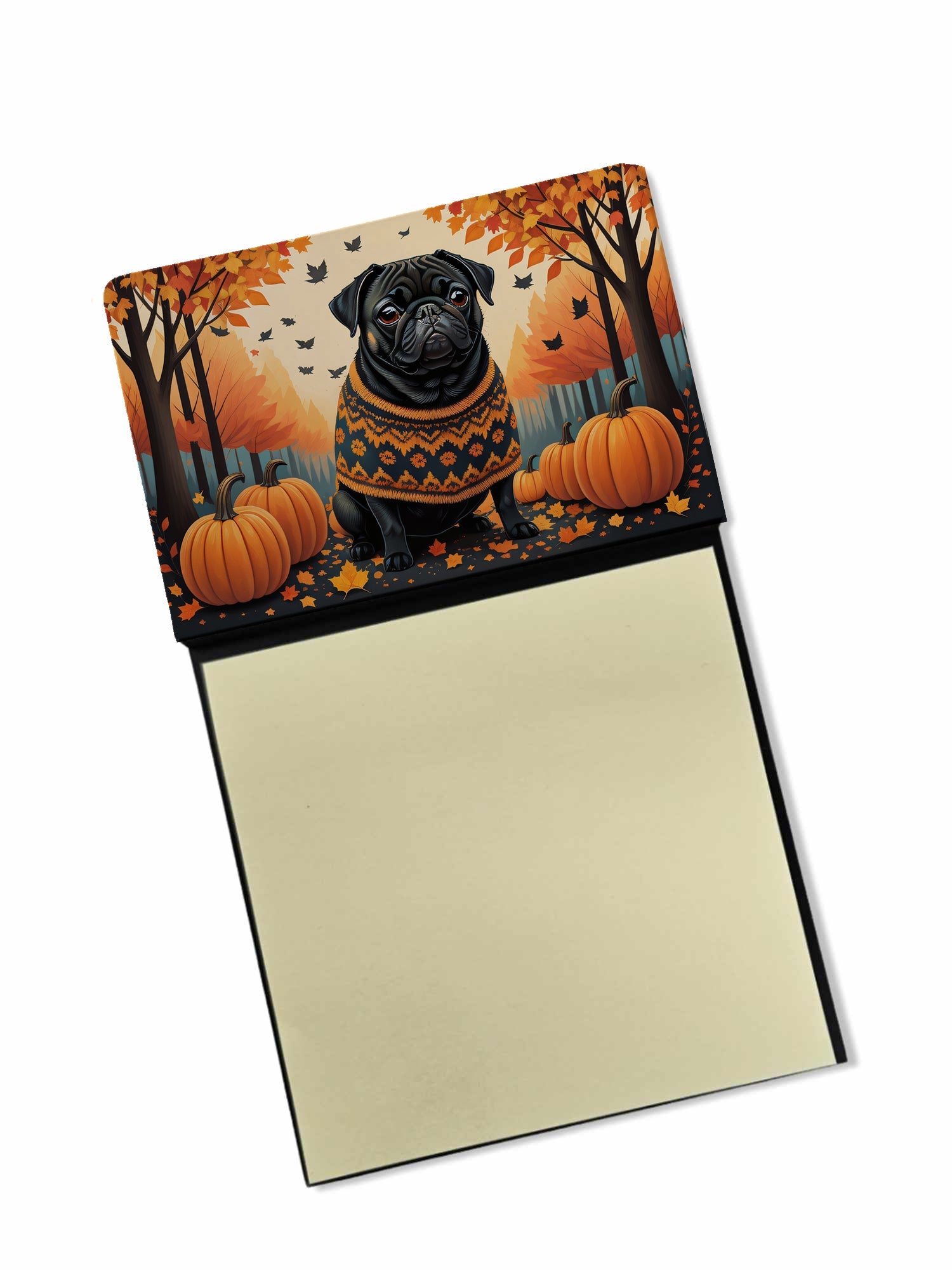 Black Pug Fall Watercolor Sticky Note Holder Refillable Dispenser Desk Accessory 3x3 Pad Gift