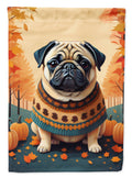 Fawn Pug Fall House Flag 28x40 Porch Sleeve Pole Decorative Outside Yard Banner Artwork Wall Hanging, Polyester