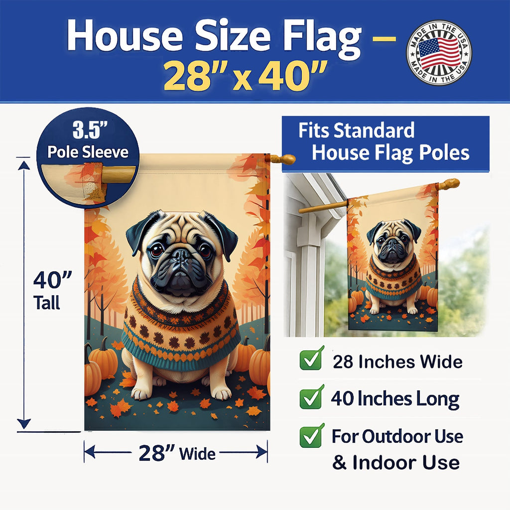 Fawn Pug Fall House Flag 28x40 Porch Sleeve Pole Decorative Outside Yard Banner Artwork Wall Hanging, Polyester