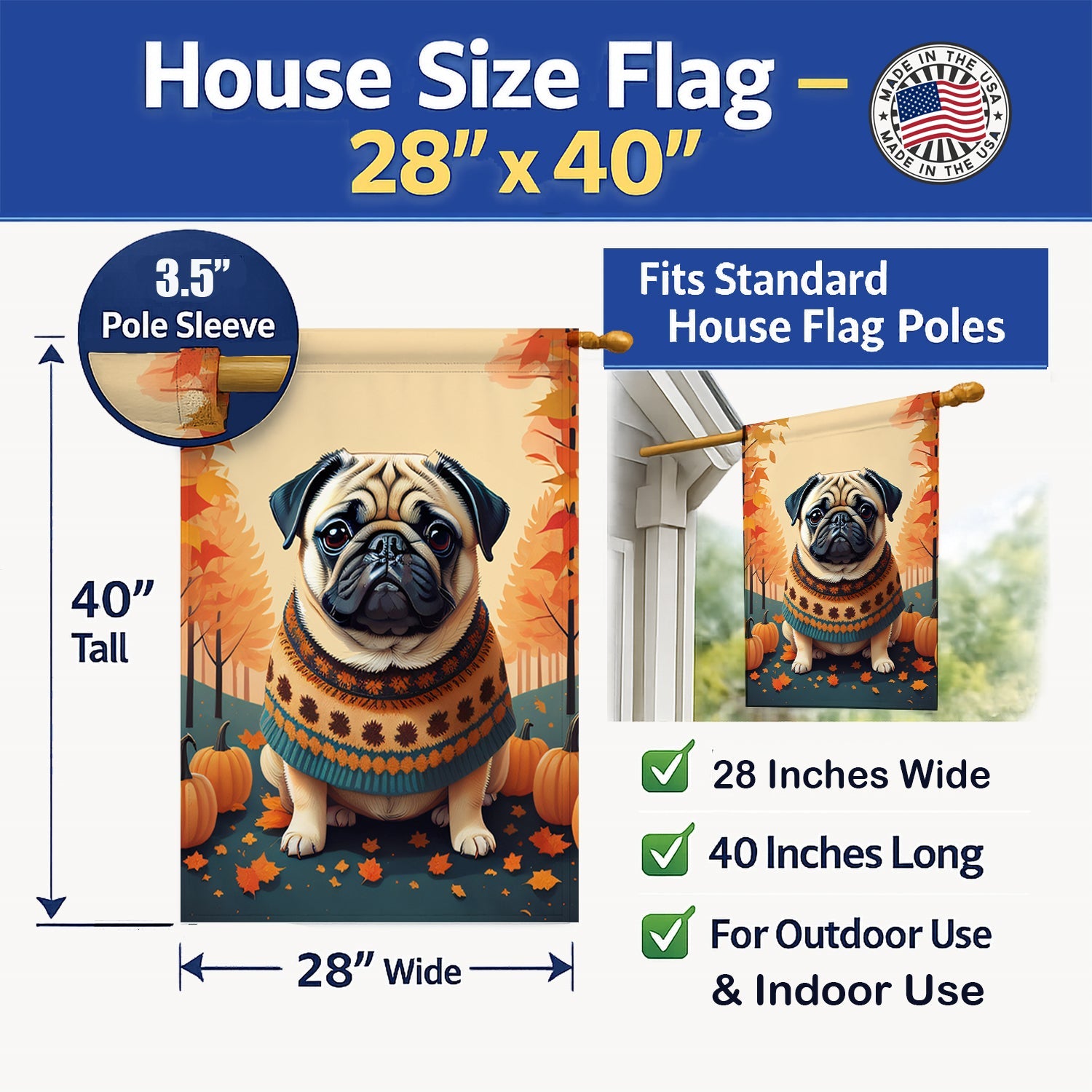 Fawn Pug Fall House Flag 28x40 Porch Sleeve Pole Decorative Outside Yard Banner Artwork Wall Hanging, Polyester