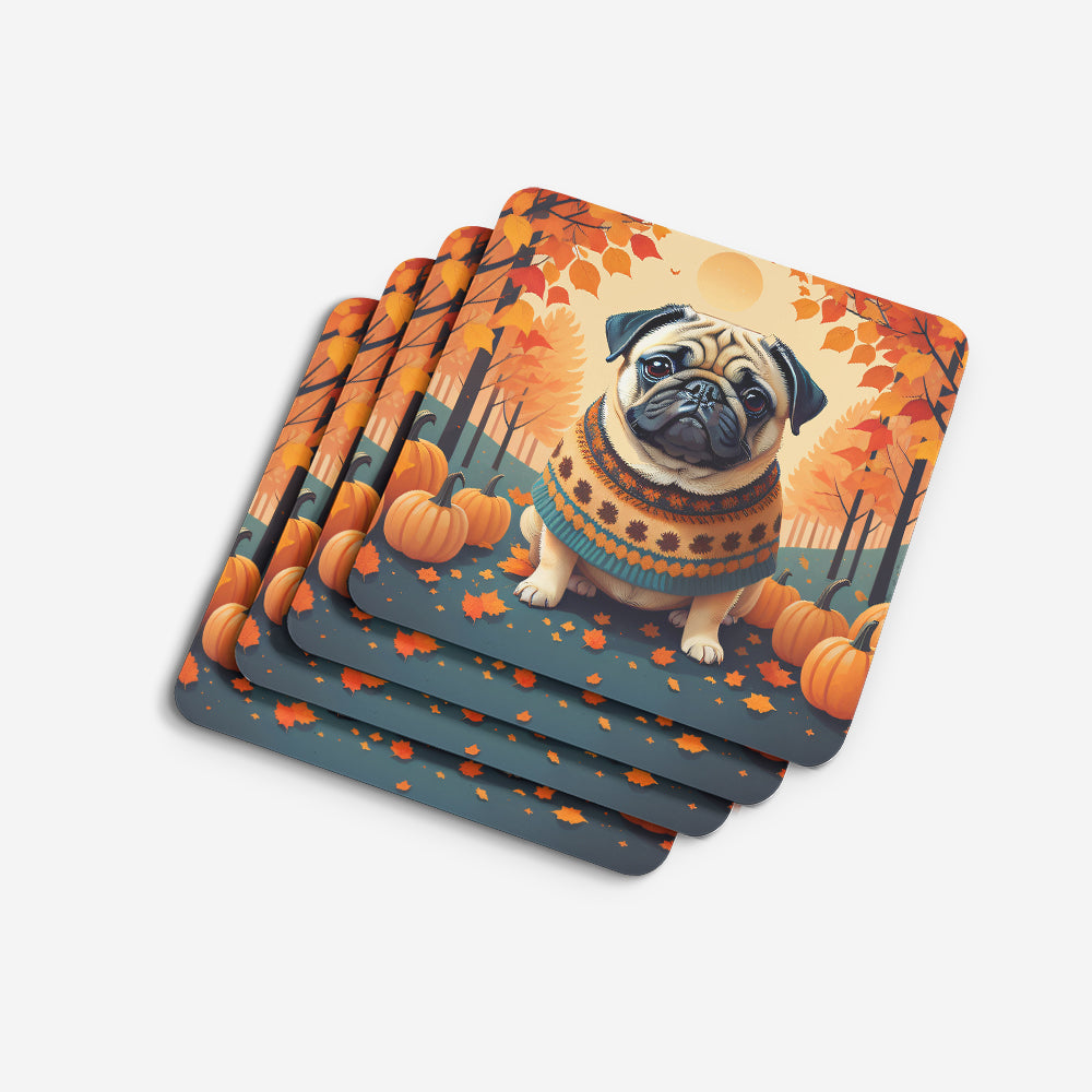 Fawn Pug Fall Foam Coasters Set of 4 Cup Coasters for Indoor Outdoor, Tabletop Protection, Anti Slip, Mouse pad Material