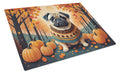 Fawn Pug Fall Cutting Board Tempered Glass Kitchen Cutting Surface, Heat Resistant Chopping, Non-Slip Feet, Food Prep & Serving